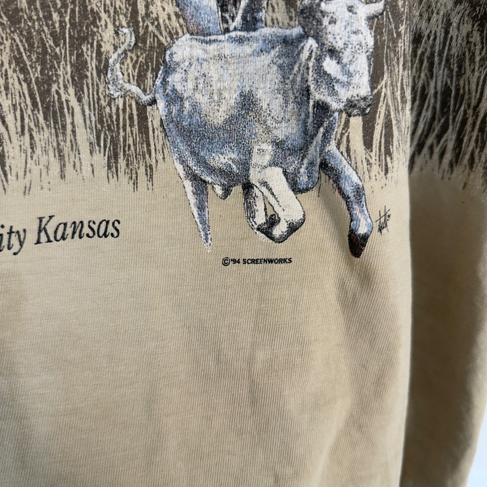 Mens Single Stitch T-Shirt Large Tan Vintage 1994 American Cowboy Distressed - Picture 3 of 8